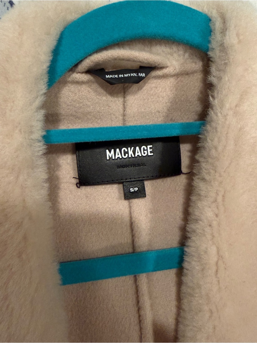 Mackage Beige Shearling Coat with Teal Trim